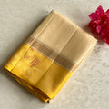 Stunner beige with lemon, yellow designer, handwoven, pure silk with elephant buttas