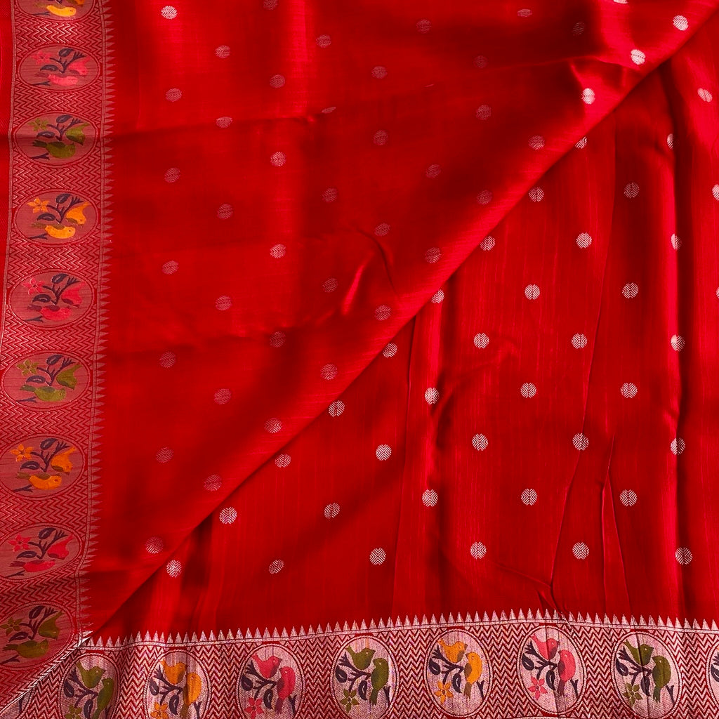 Scarlet Red Soft Tussar Silk Saree Mustard Yellow Border Silver Pallu
