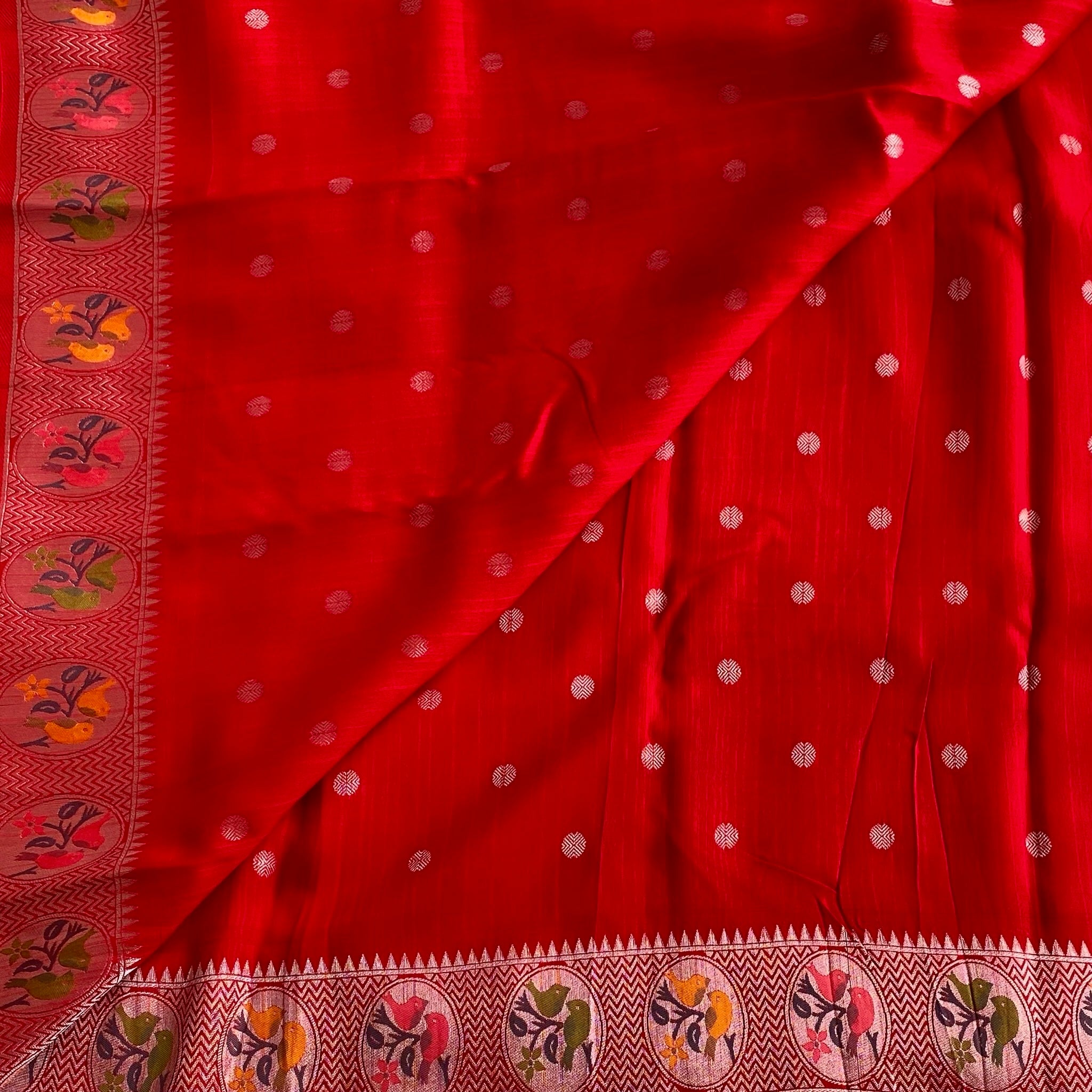 Scarlet Red Soft Tussar Silk Saree Mustard Yellow Border Silver Pallu