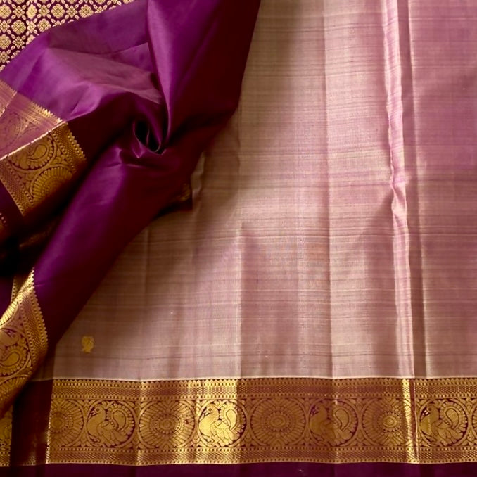 Eggplant Purple Silk Saree Champagne Body Gold Zari Border Traditional