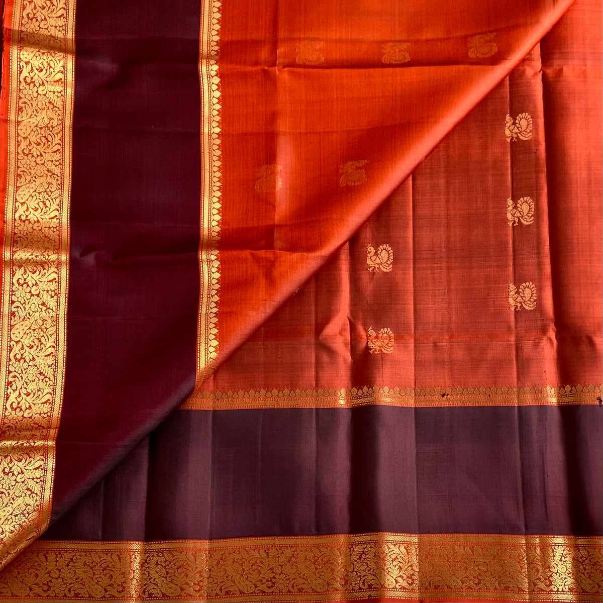 Burnt Orange & Deep Plum Designer Pure Silk Saree