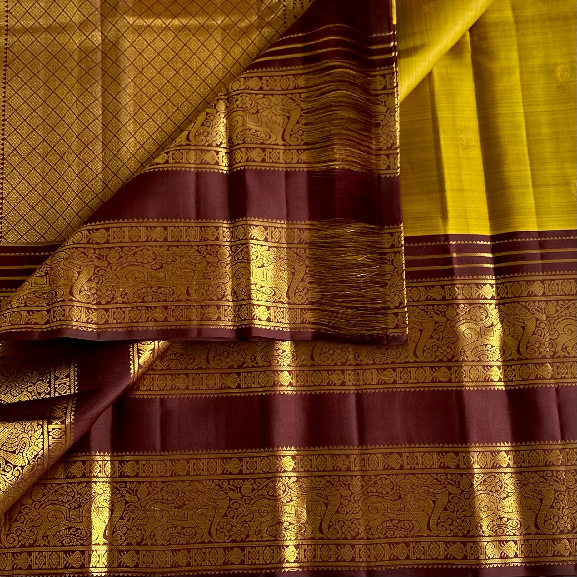 Vintage Mustard with Classic Coffee Wine Retta Pett Pure Kanjeevaram Pure Zari Silk