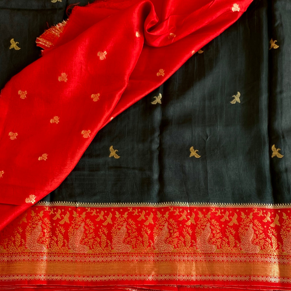 Charcoal Black Soft Tussar Silk Saree With Scarlet Red Pallu