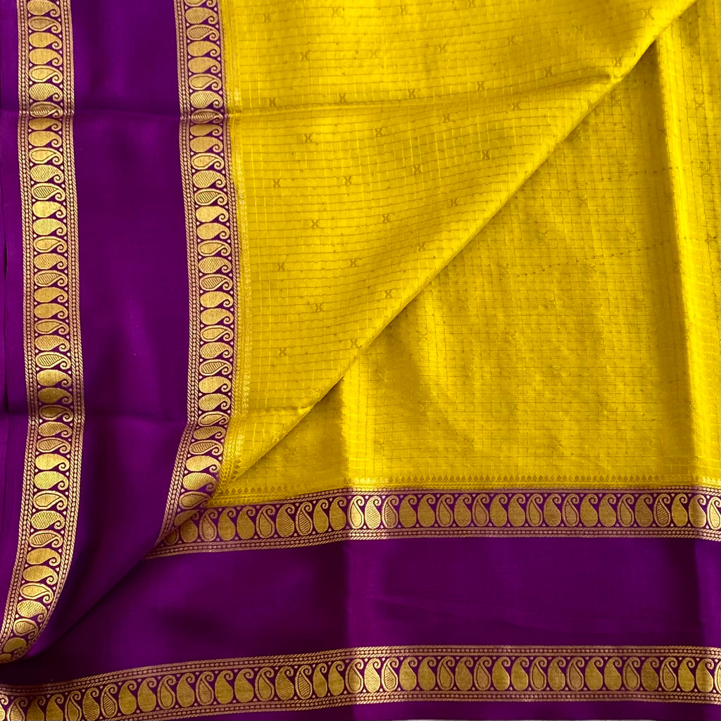 Lime Green Checkered Mysore Crepe Silk Saree With Rich Purple Pallu