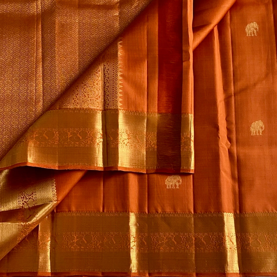 Burnt Orange Kanjeevaram Pure Zari Silk Saree With Gold Border