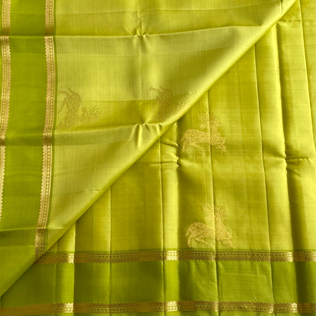 Lime Green Designer Pure Silk Saree With Metallic Gold Pallu And Border