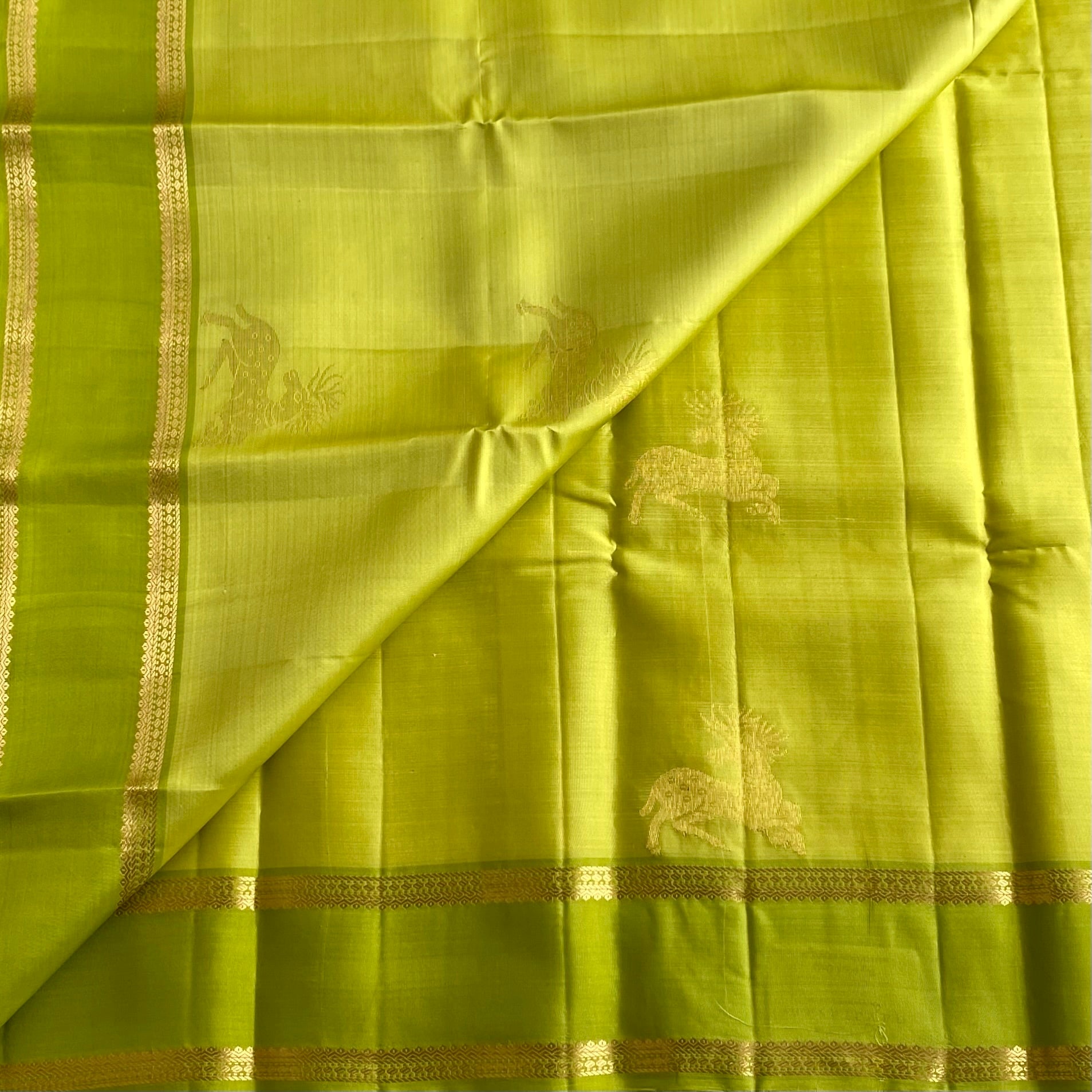 Lime Green Designer Pure Silk Saree With Metallic Gold Pallu And Border