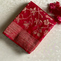 Vivid Burgundy Red Soft Tussar Silk Saree With Antique Gold Pallu