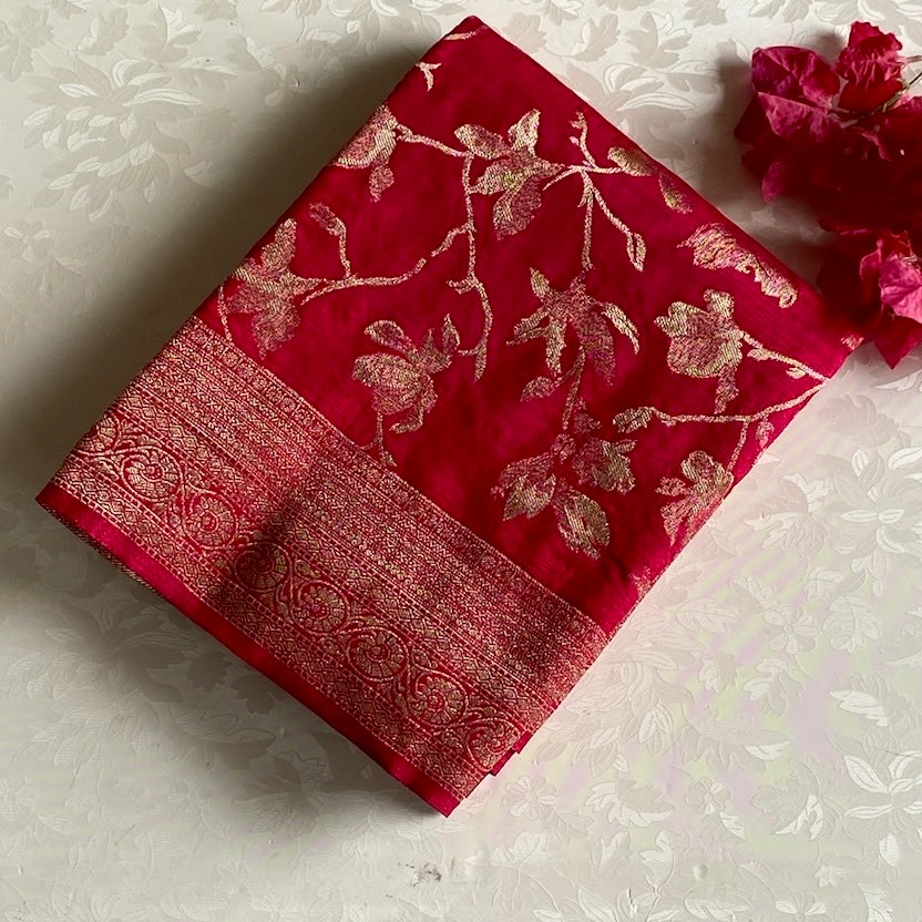 Vivid Burgundy Red Soft Tussar Silk Saree With Antique Gold Pallu