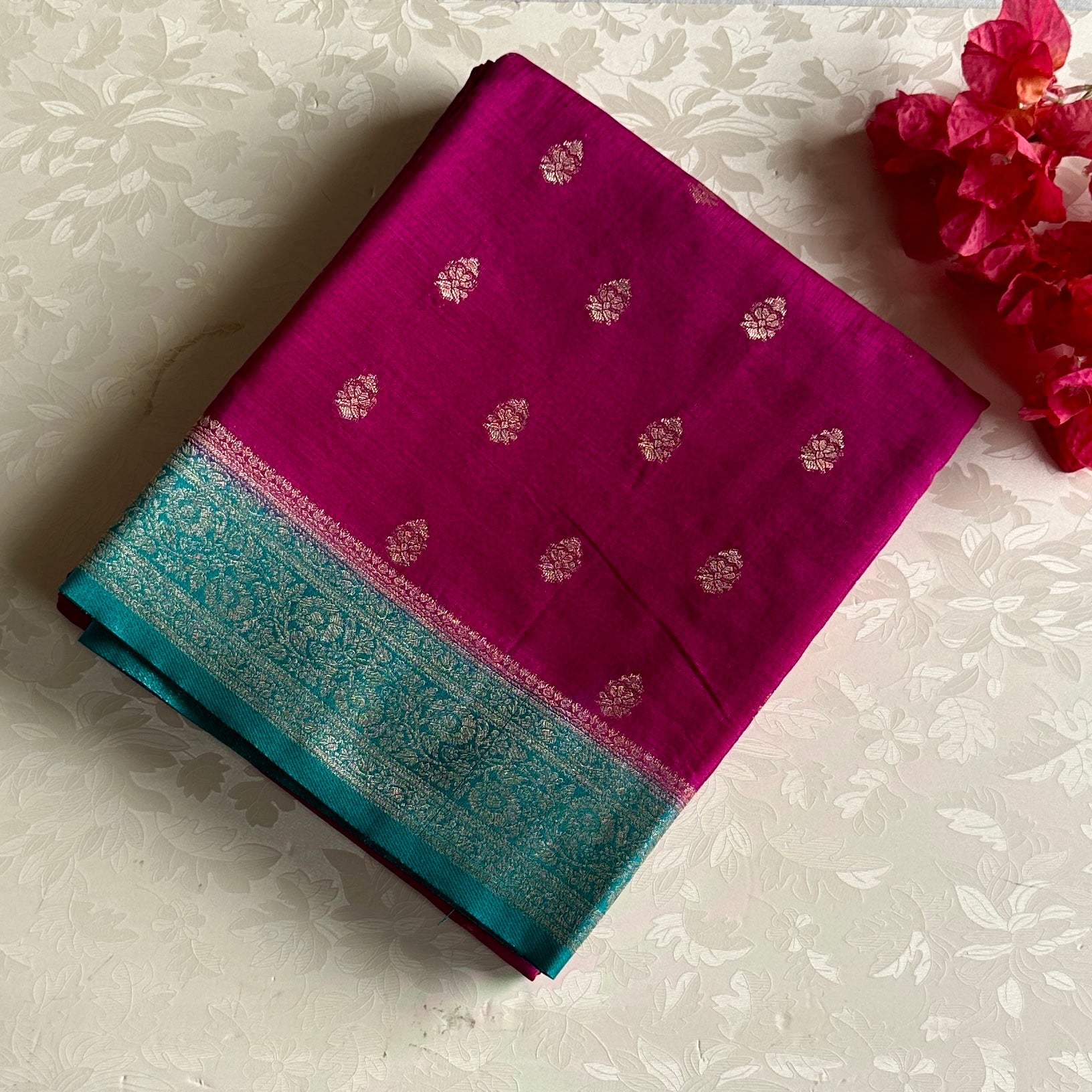 Deep Fuchsia Teal Brocade Silk Saree Silver Zari Tassel Pallu