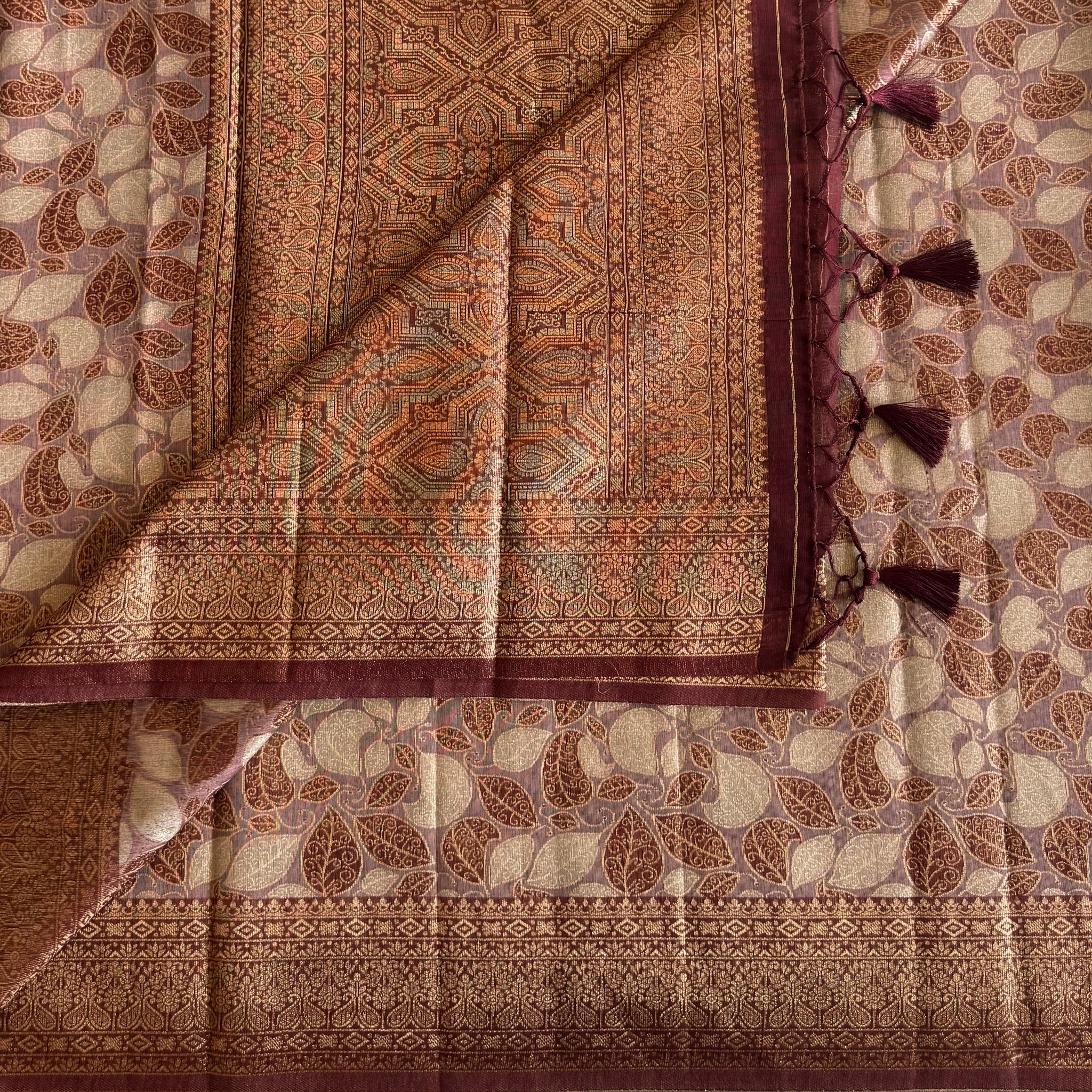 Burgundy Gold Leaf Motif Brocade Saree with Tassels Elegant Pallu