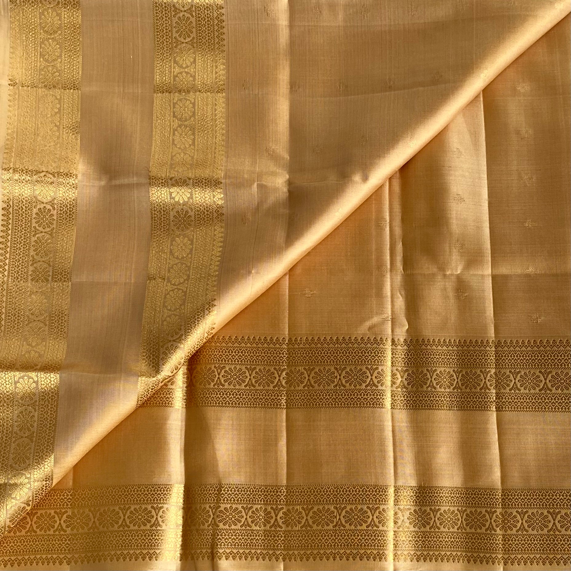 Champagne Designer Pure Silk Saree With Metallic Gold Border