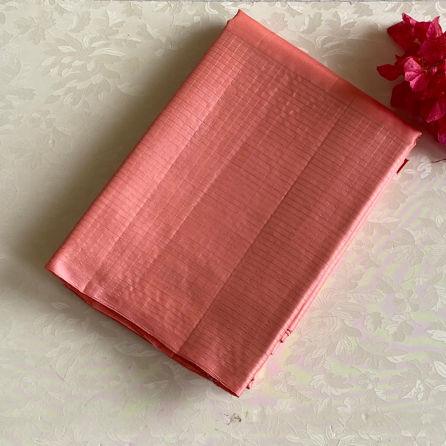 Coral Peach Designer Pure Silk Saree With Pale Gold Zari