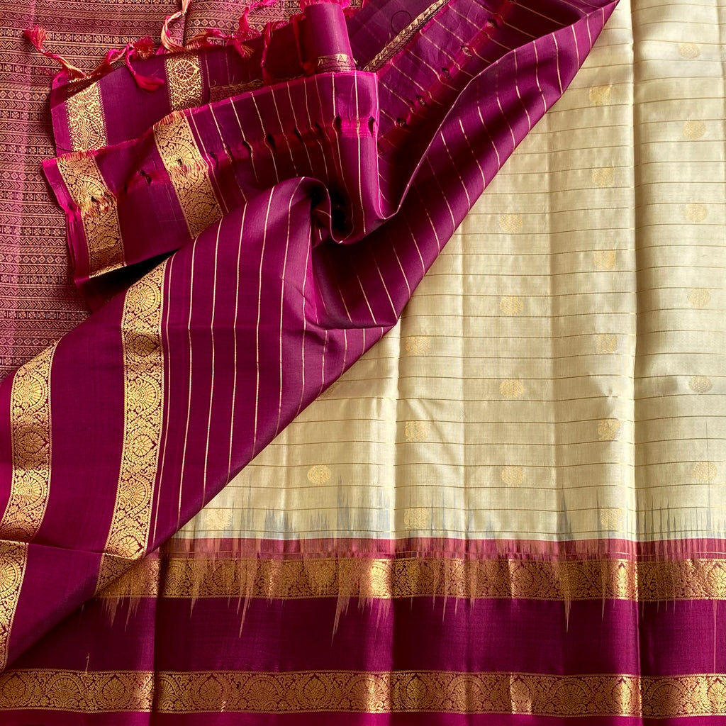 Champagne Pearl Beige With Deep Magenta Checkered Designer Pure Silk