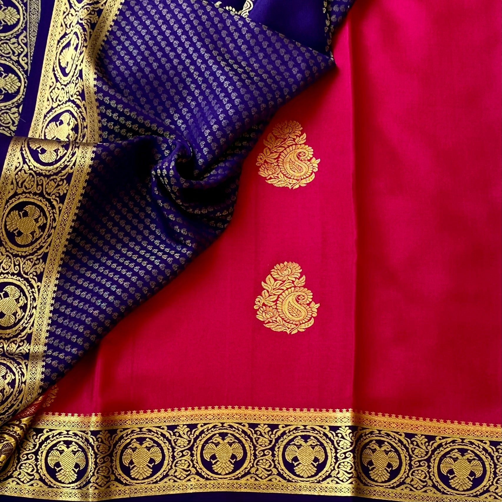 Magenta Silk Saree with Gold Paisley and Indigo Brocade Border