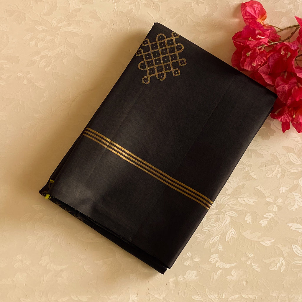 Stunning black with lime green handwoven Kollam designer lightweight pure silk