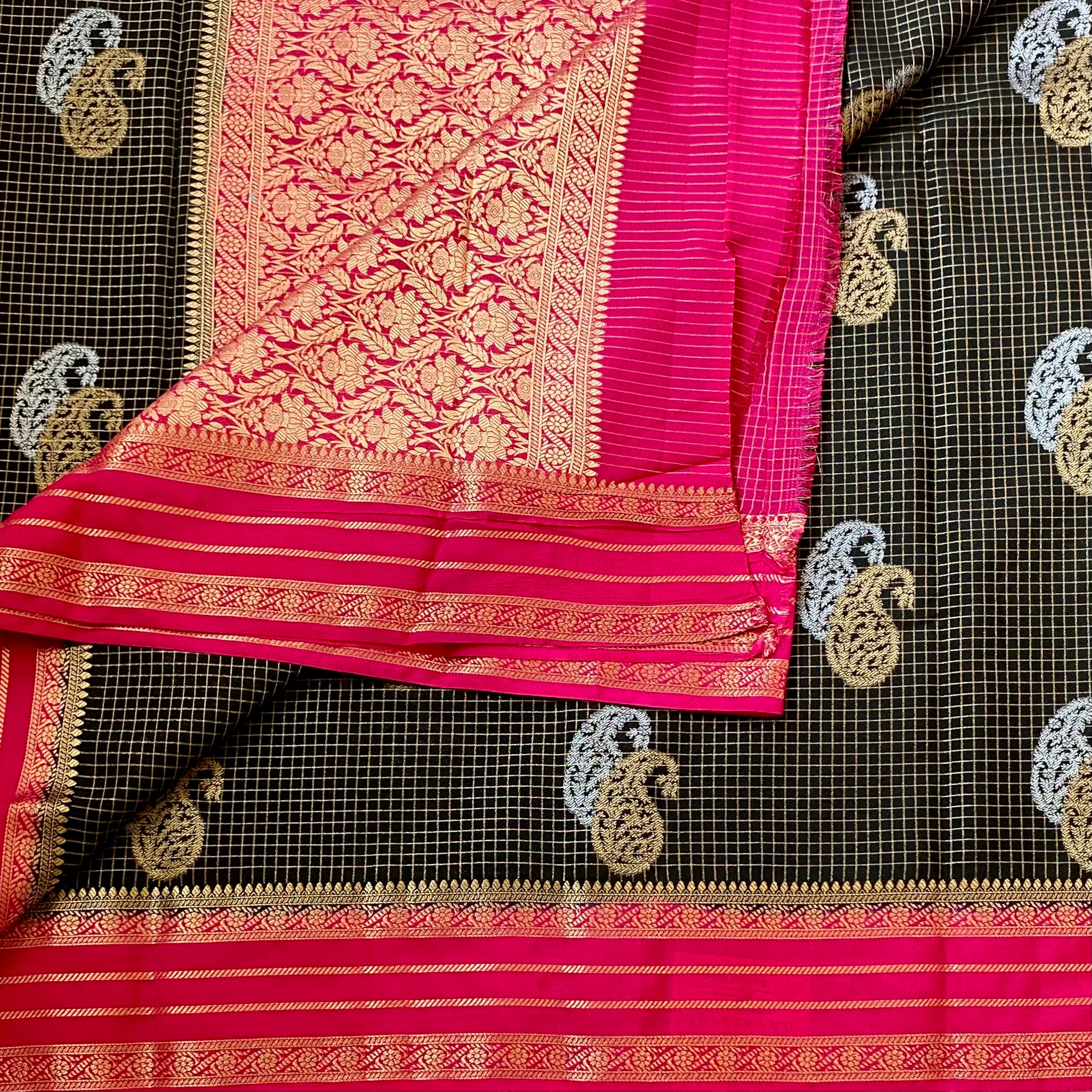 Charcoal Black Fuchsia Brocade Saree With Gold Paisley Motifs