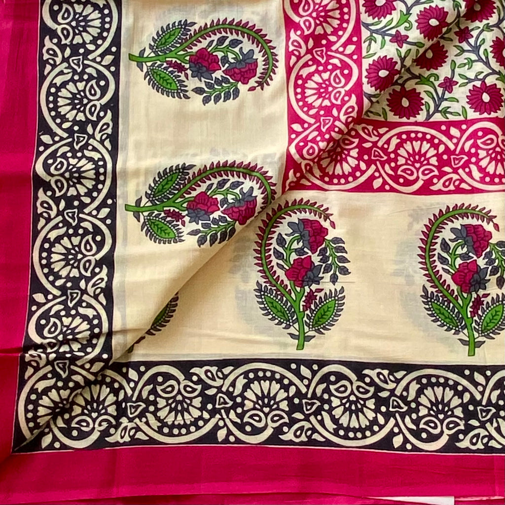 Ivory Magenta Paisley Floral Cotton Saree With Black Printed Border