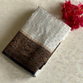 Pearl White Antique Gold Brocade Banarasi Crepe Silk Saree Jet Black