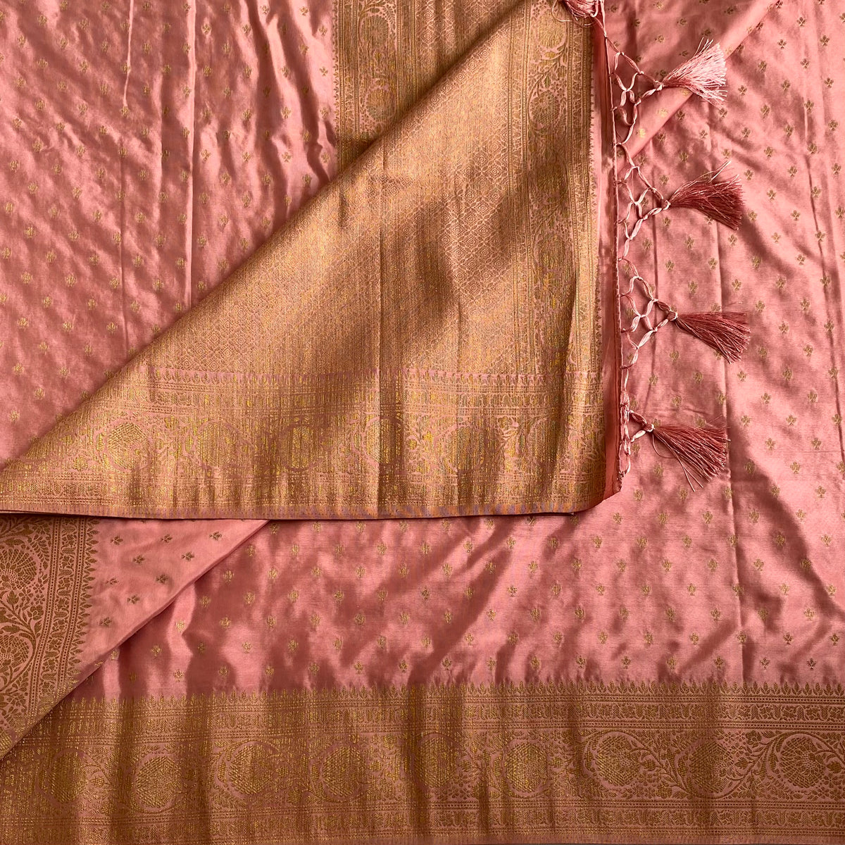 Bronze Copper Soft Satin Crepe  Saree With Antique Gold Pallu