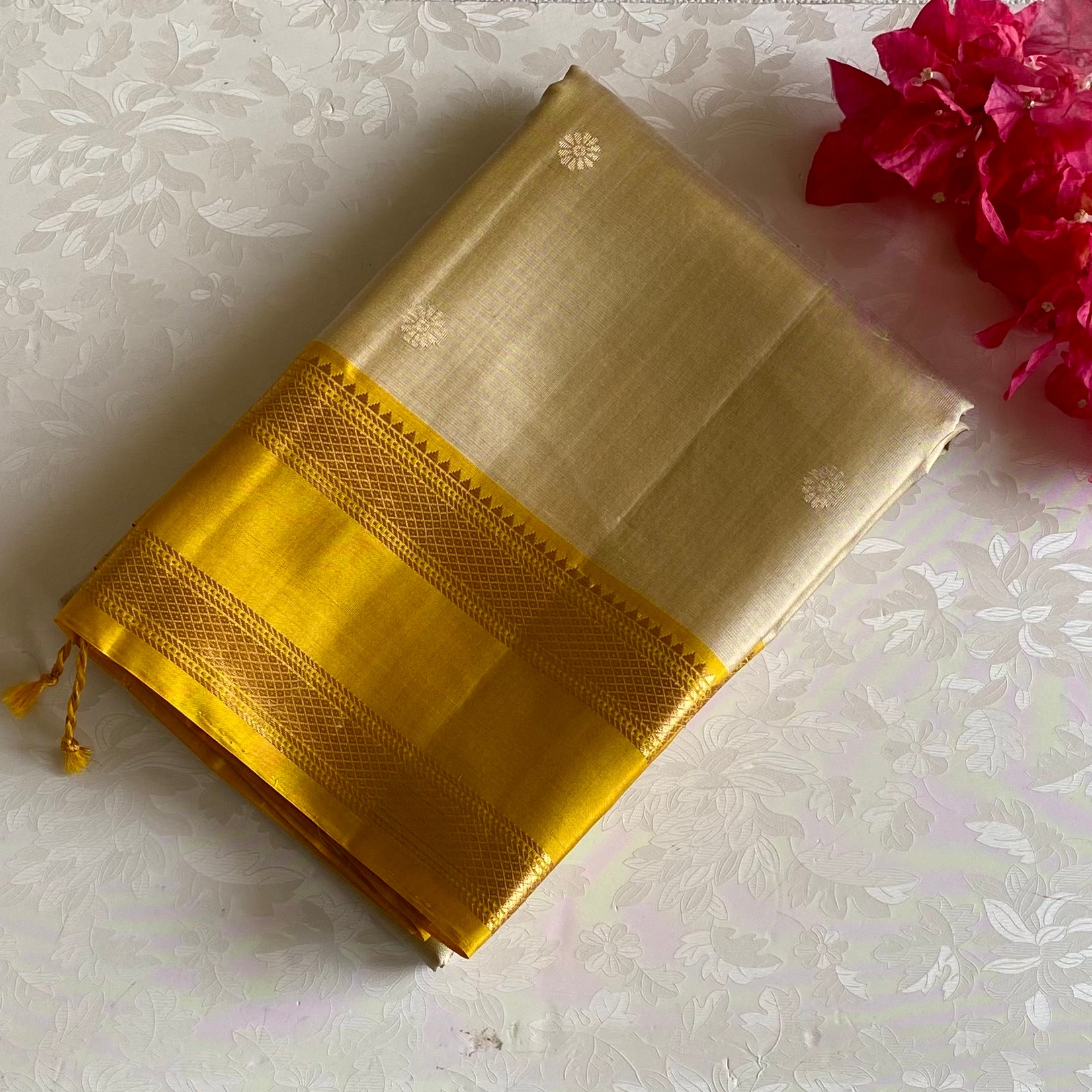 Beige Designer Pure Silk Saree With Classic Yellow Pallu