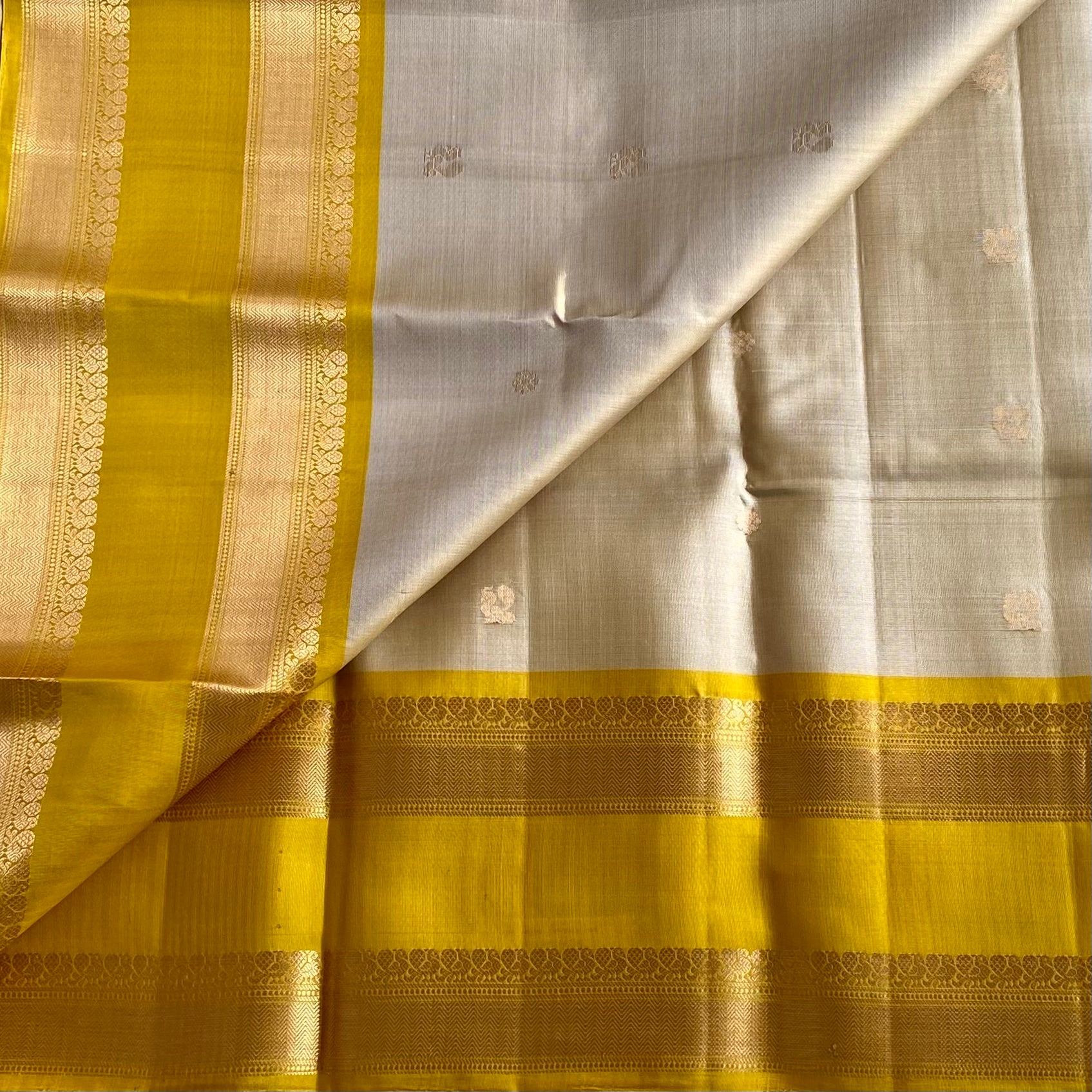 Champagne Beige Designer Pure Silk Saree With Mustard Yellow  Border