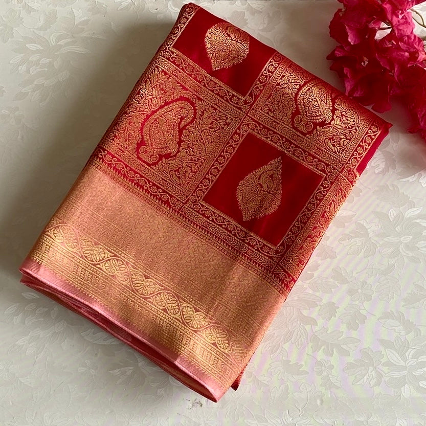 Brocade Red & Gold Soft Crepe Silk Saree With Rose Pink Pallu