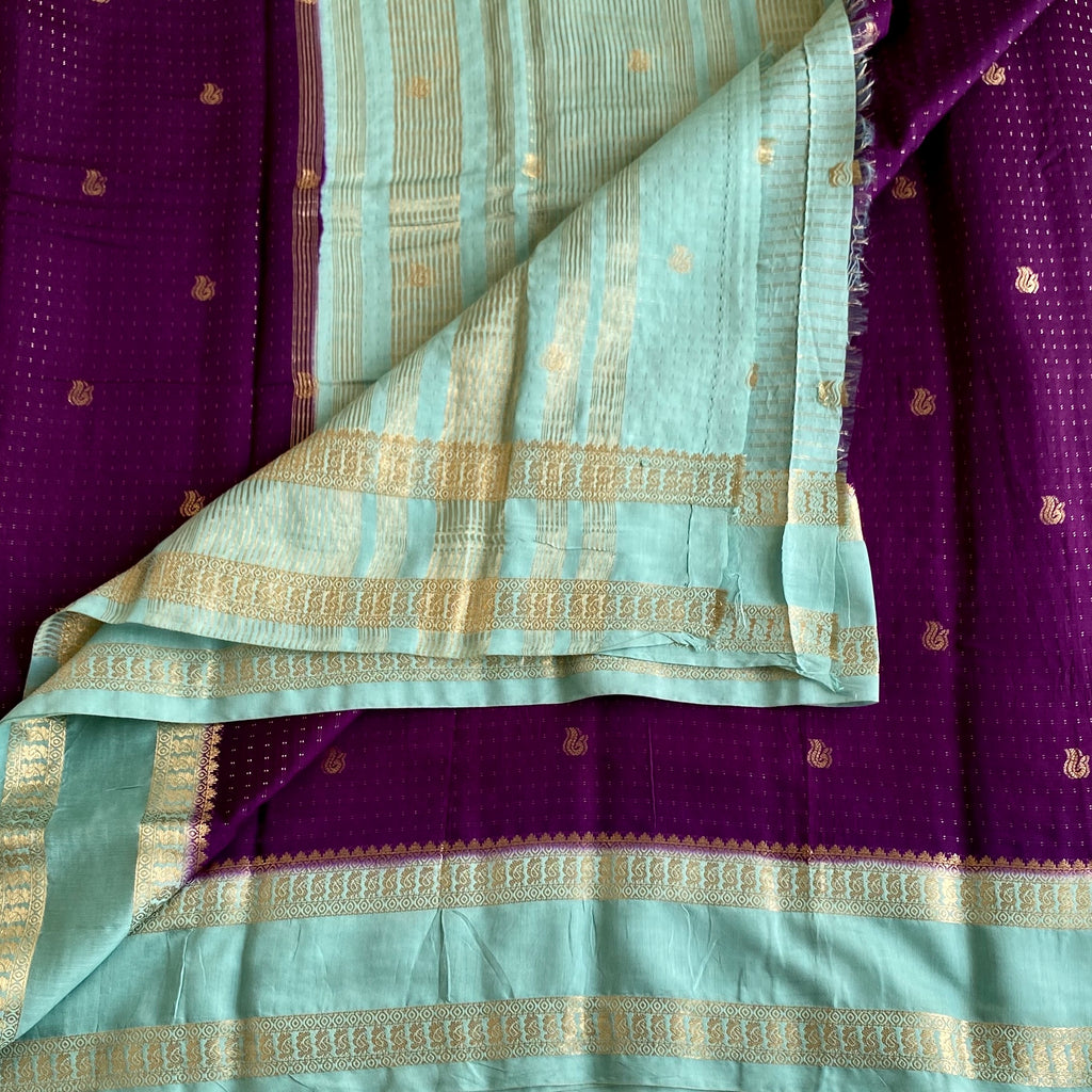 Royal Purple Soft Tussar Silk Saree With Seafoam Green Pallu