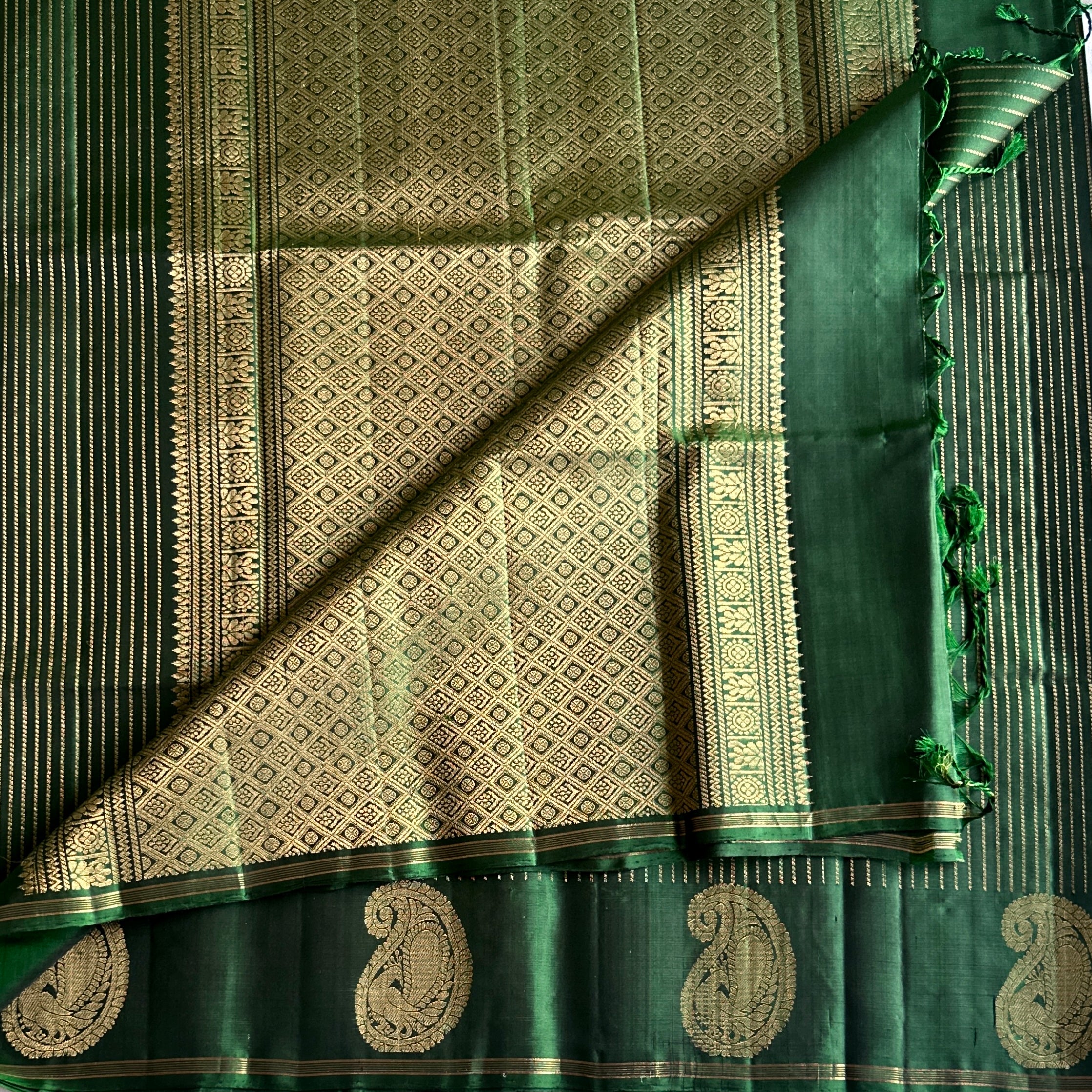 Magical Dual Shaded Emerald Green Designer Pure Silk with Zari Woven Stripes & Rich Pallu
