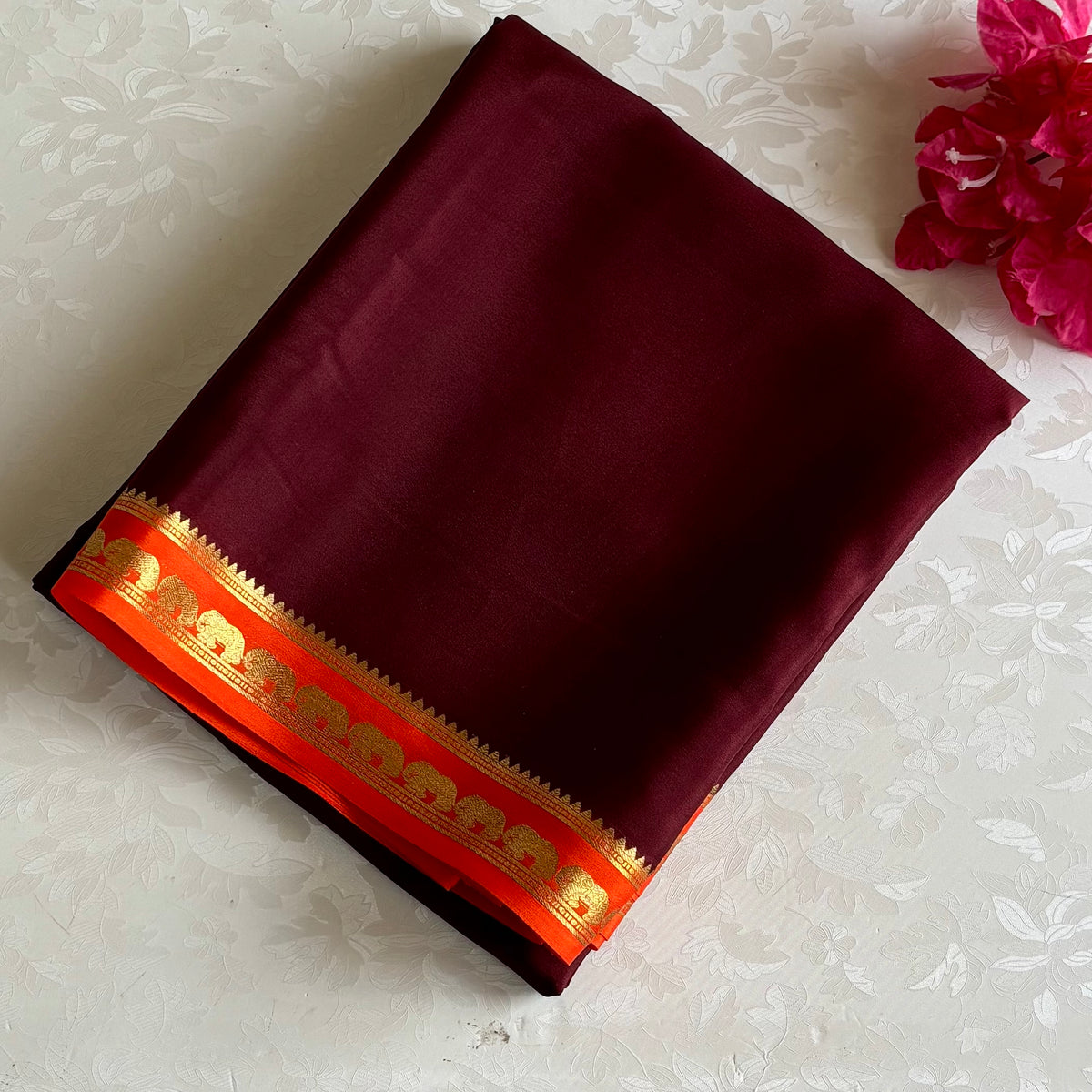 Deep Wine Brown Mysore Crepe Silk Saree With Sunset Orange Pallu