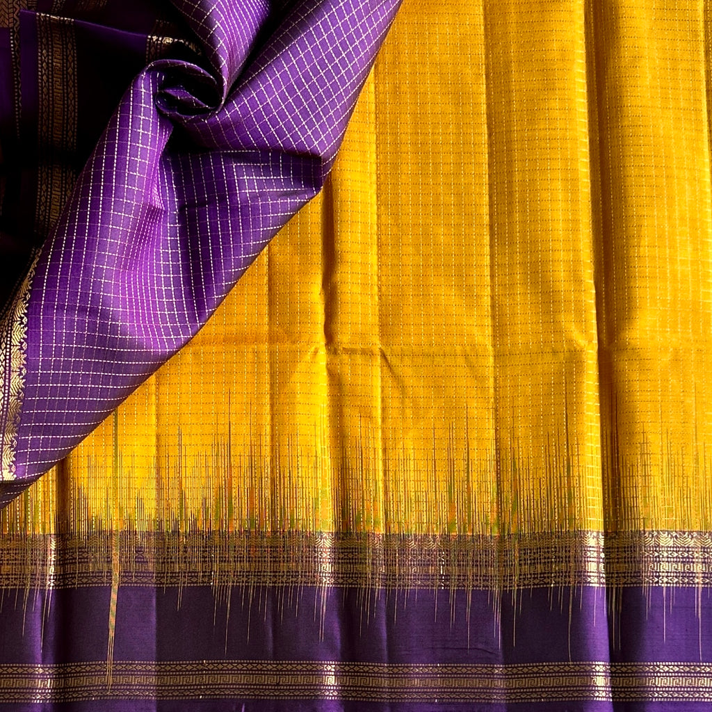 Deep Violet Silk Saree Marigold Yellow Gold Zari Paisley Border