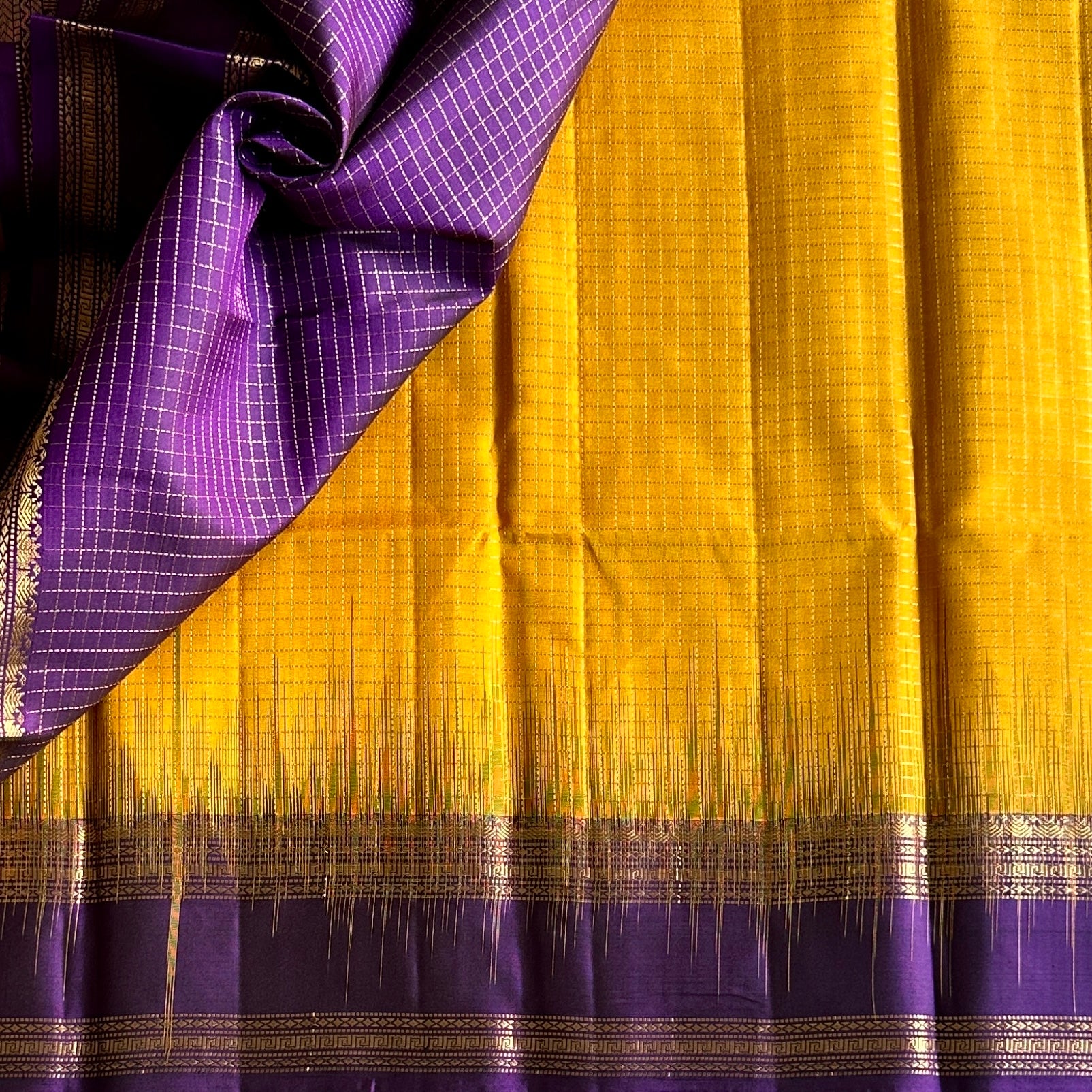 Deep Violet Silk Saree Marigold Yellow Gold Zari Paisley Border