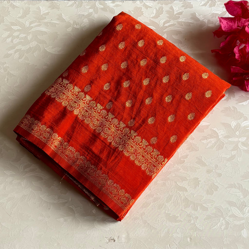 Burnt Orange Soft Tussar Silk Saree With Metallic Gold Brocade Pallu