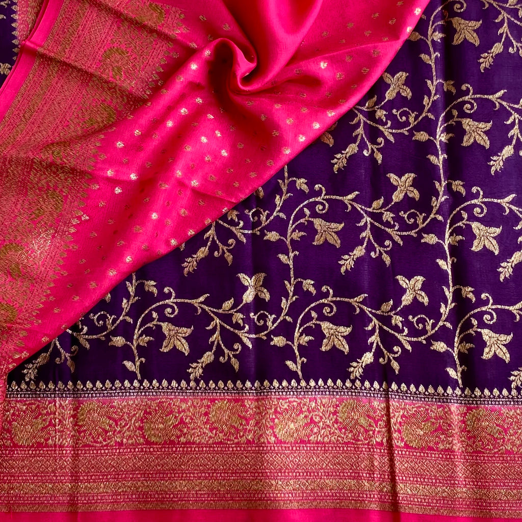 Royal Purple & Rani Pink Banarasi Crepe Silk Saree With Jaal Weave