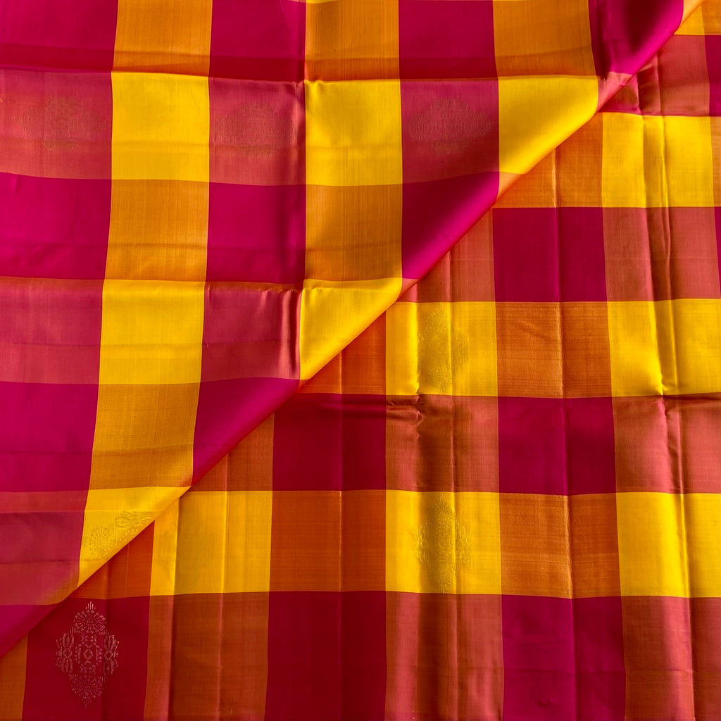 Rani n Sunflower Checkered Designer Pure Silk Saree With Rani Pink Contrast