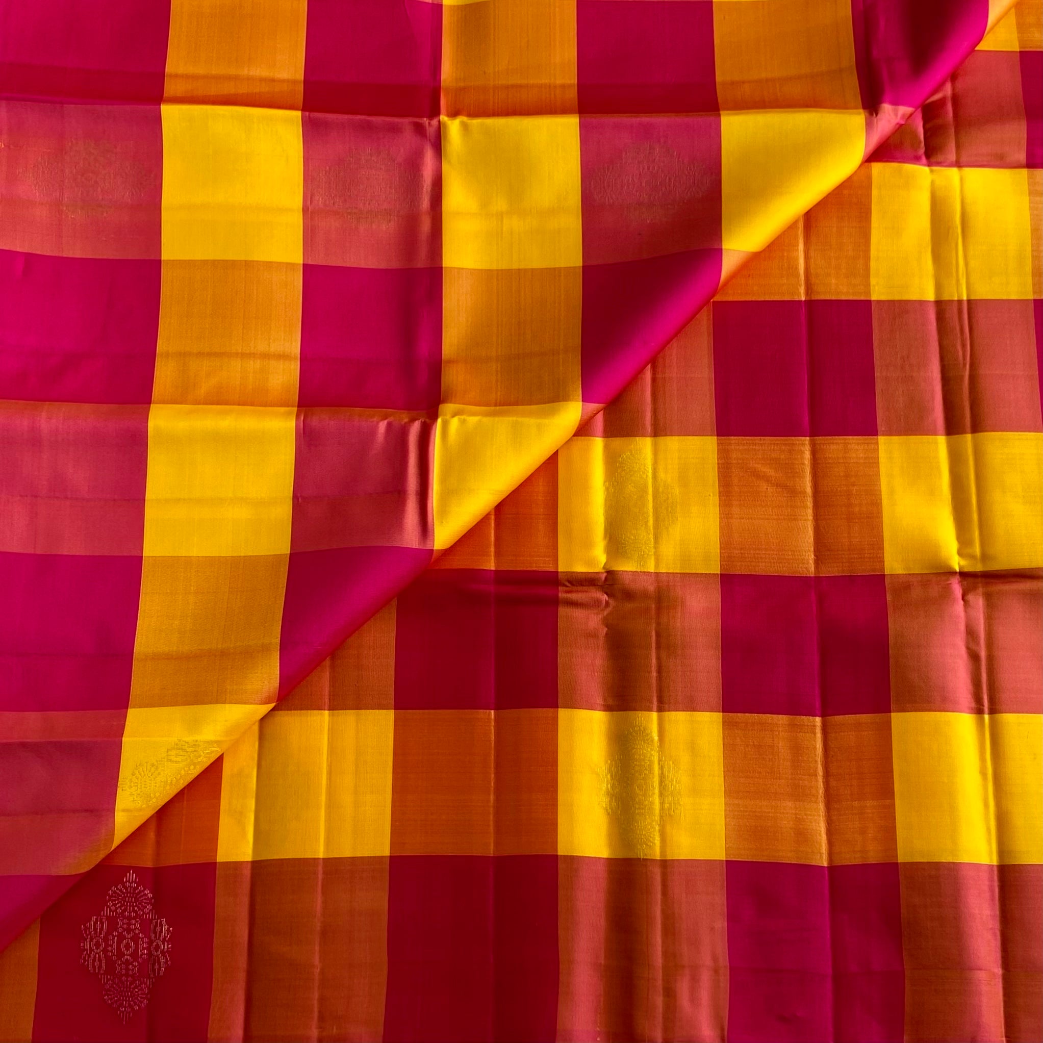 Rani n Sunflower Checkered Designer Pure Silk Saree With Rani Pink Contrast