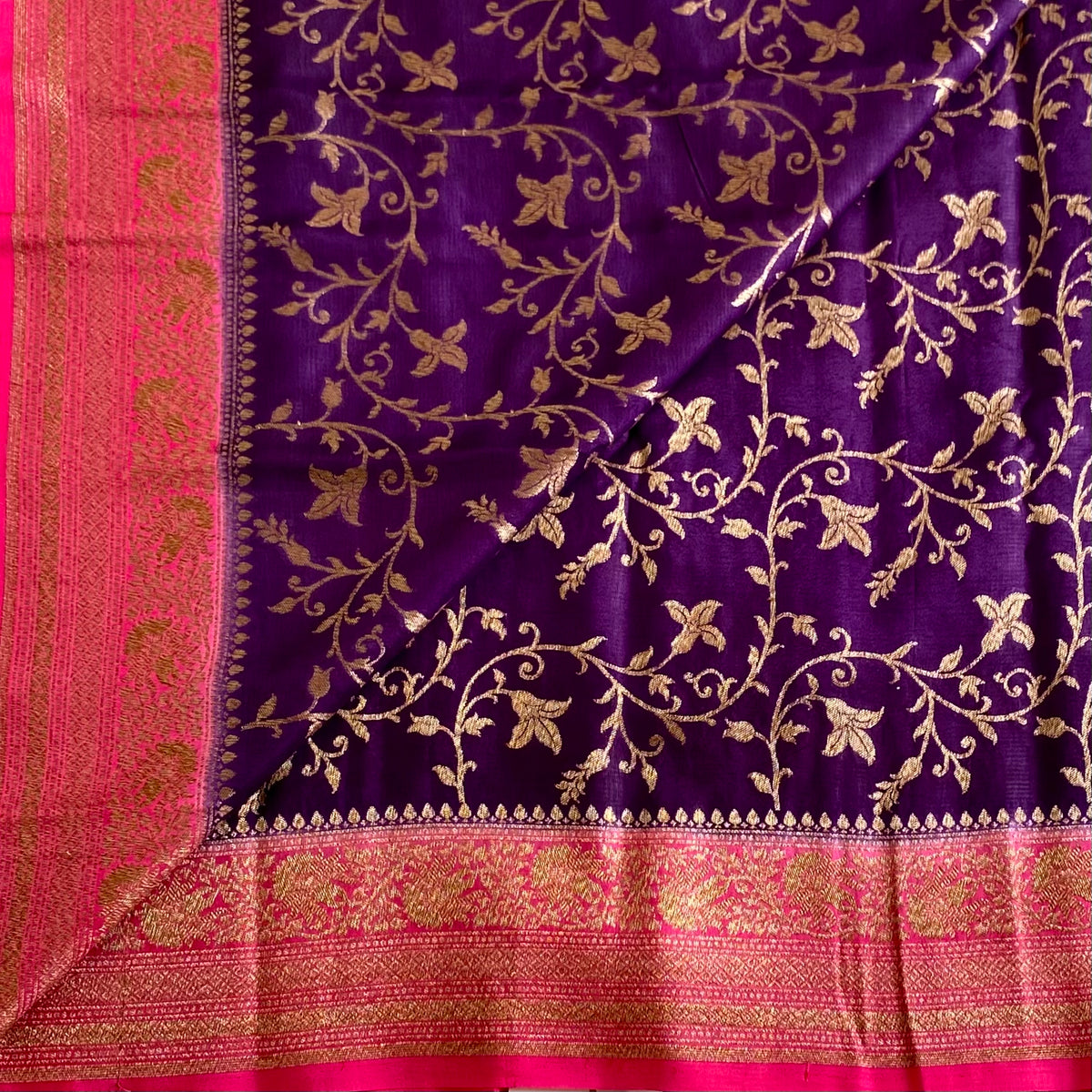 Royal Purple & Rani Pink Banarasi Crepe Silk Saree With Jaal Weave