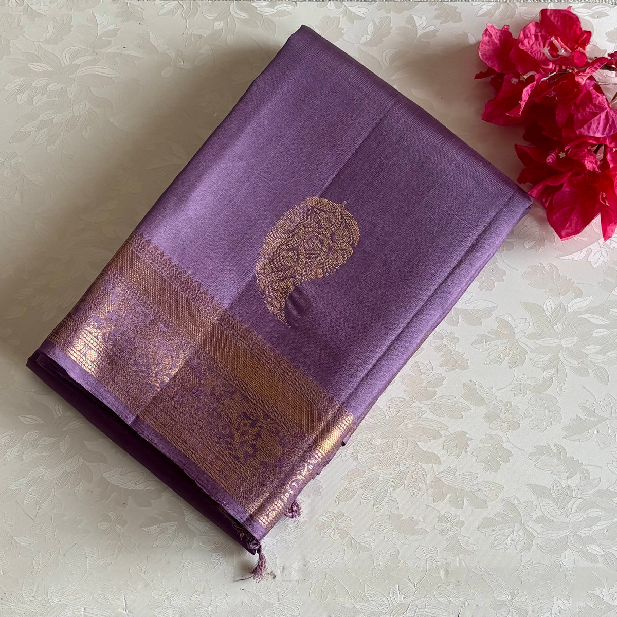 Mauve Lavender Designer Pure Silk Saree With Antique Gold Border