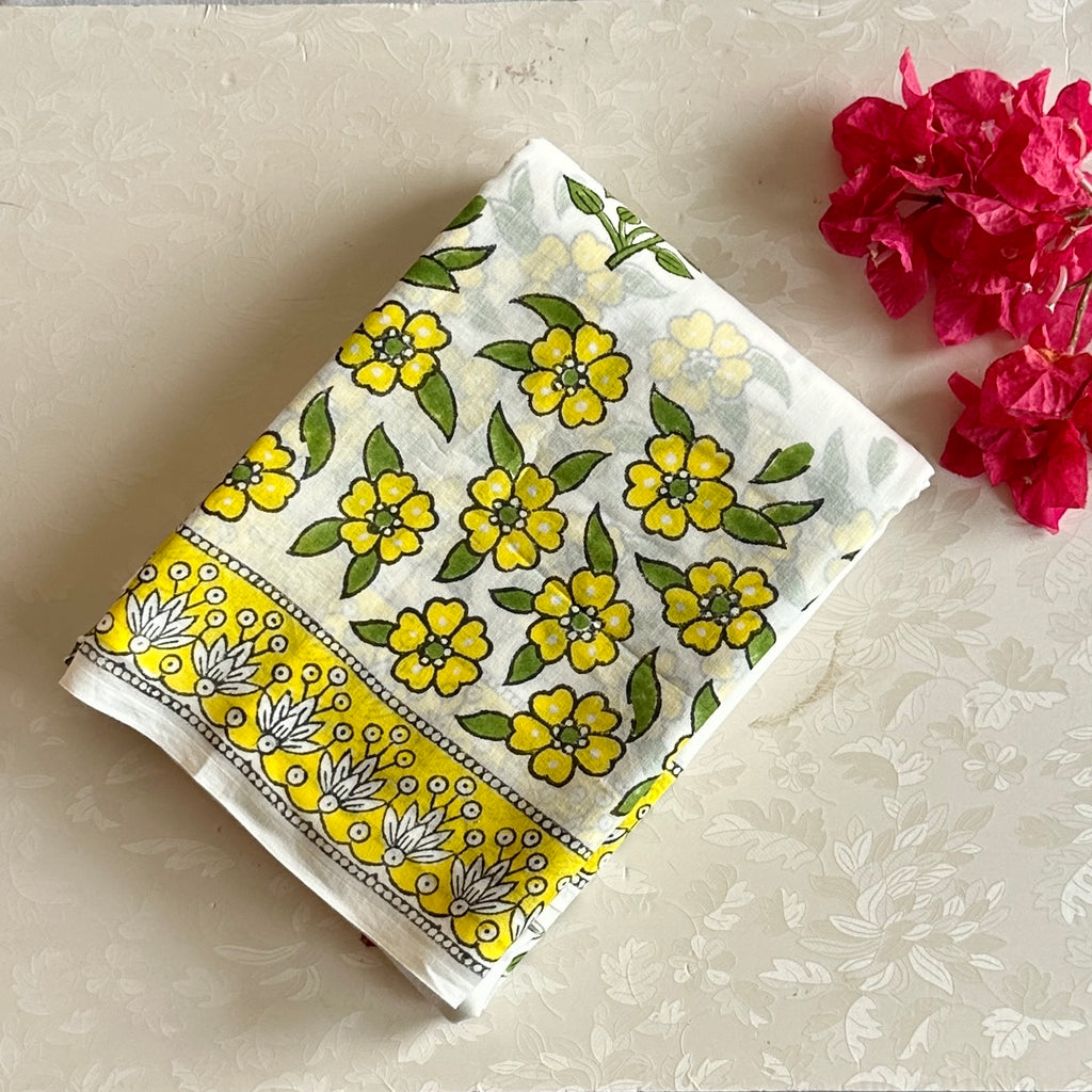 Off White Soft Tussar Silk Saree With Lemon Yellow Floral Border