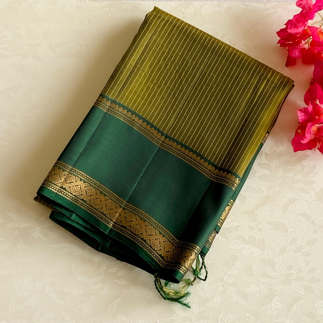 Deep Teal Silk Saree with Gold Zari Paisley Geometric Border