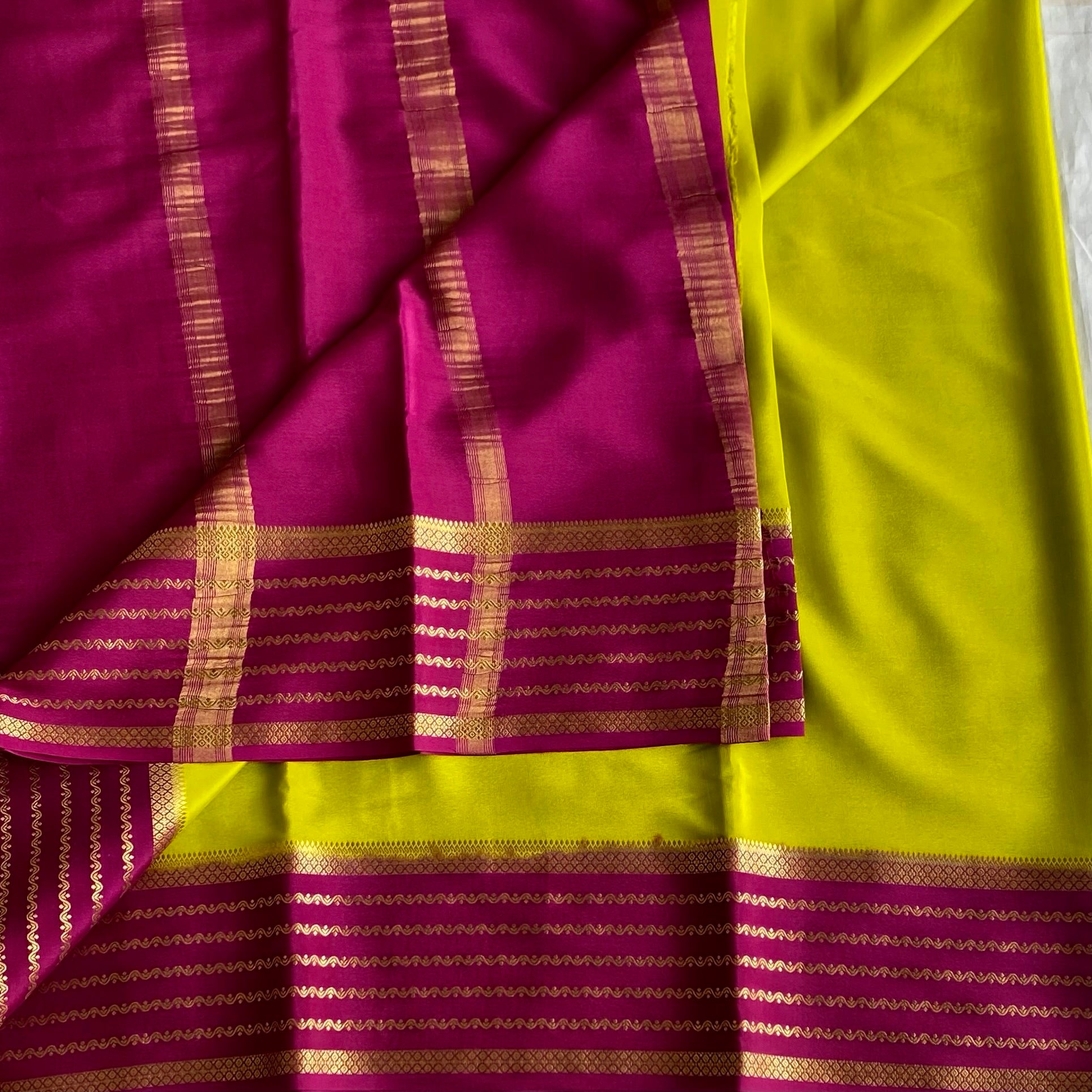 Lime Green Magenta Mysore Crepe Silk Saree With Gold Zari Border