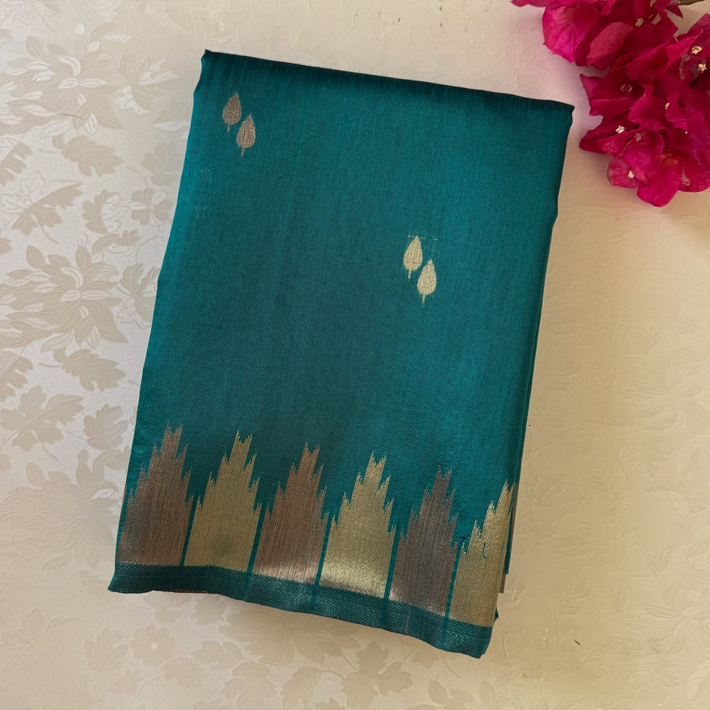 Teal Silk Saree Royal Blue Pallu Gold Zari Ikat Border