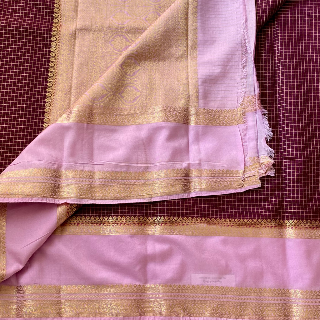 Traditional Maroon Pink Silk Saree With Gold Brocade Zari Border