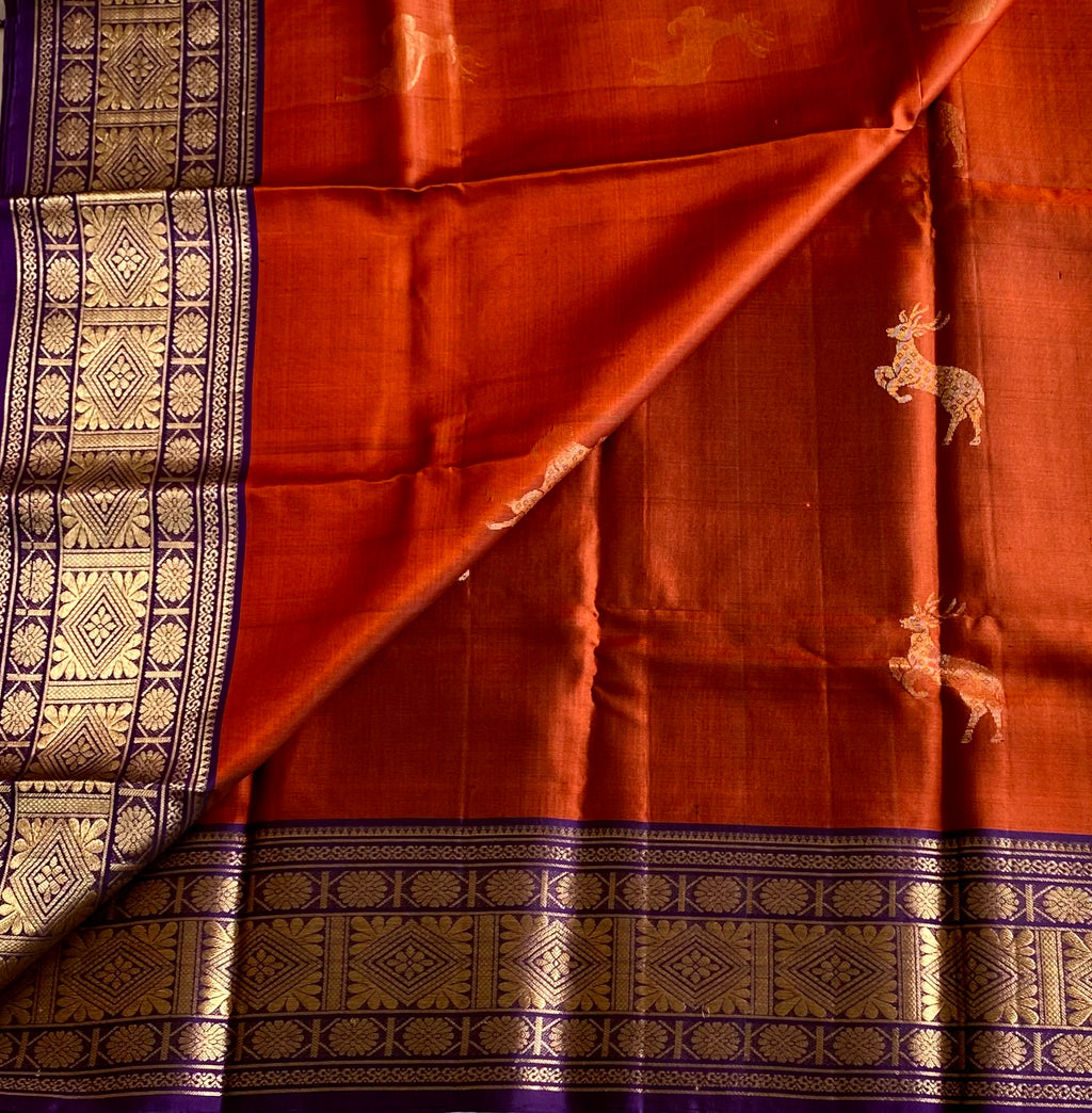Rust Orange Silk Saree Purple Zari Pallu Woven Border