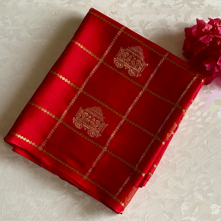Scarlet Red Mysore Crepe Silk Saree With Metallic Gold Checks
