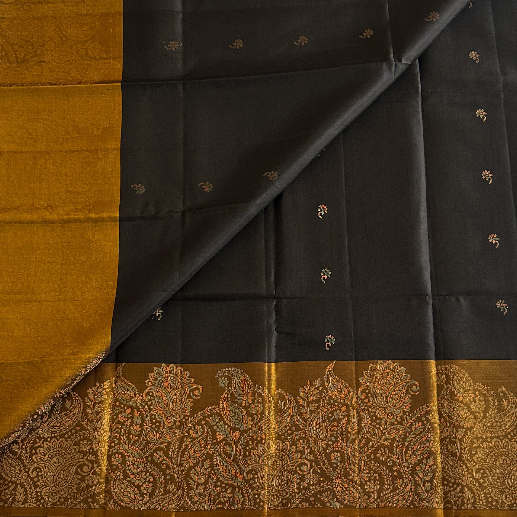 Navy Mustard Zari Paisley Border Silk Saree Elegant Festive Wear
