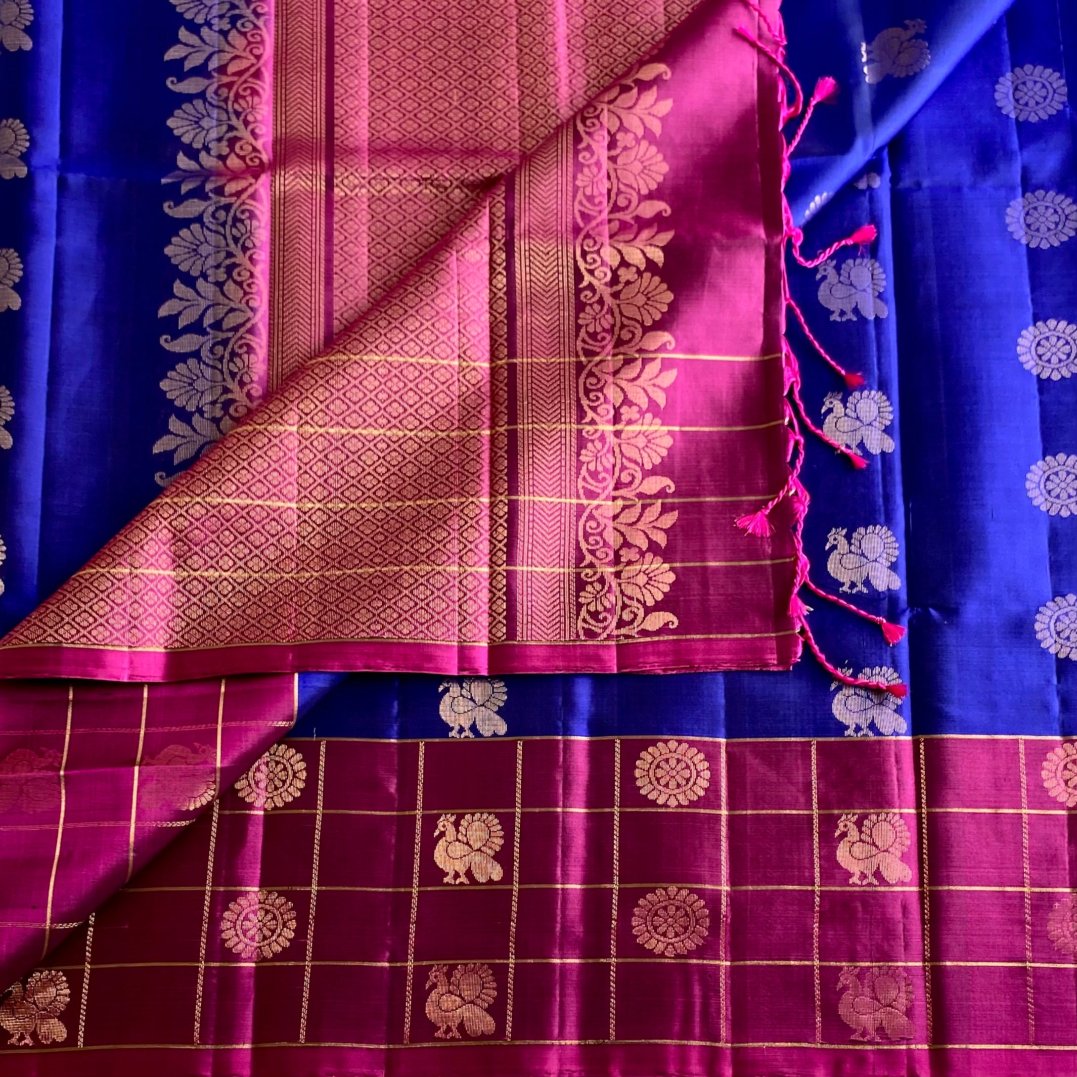 Royal Blue Designer Pure Silk Saree With Jewel Magenta Checkered Borders