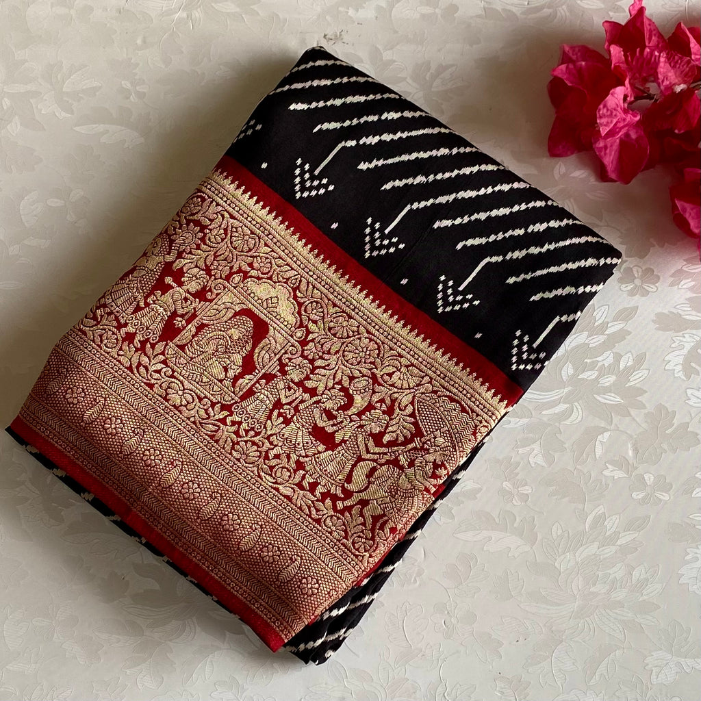 Jet Black Premium Soft Tussar Silk Saree With Deep Maroon Pallu