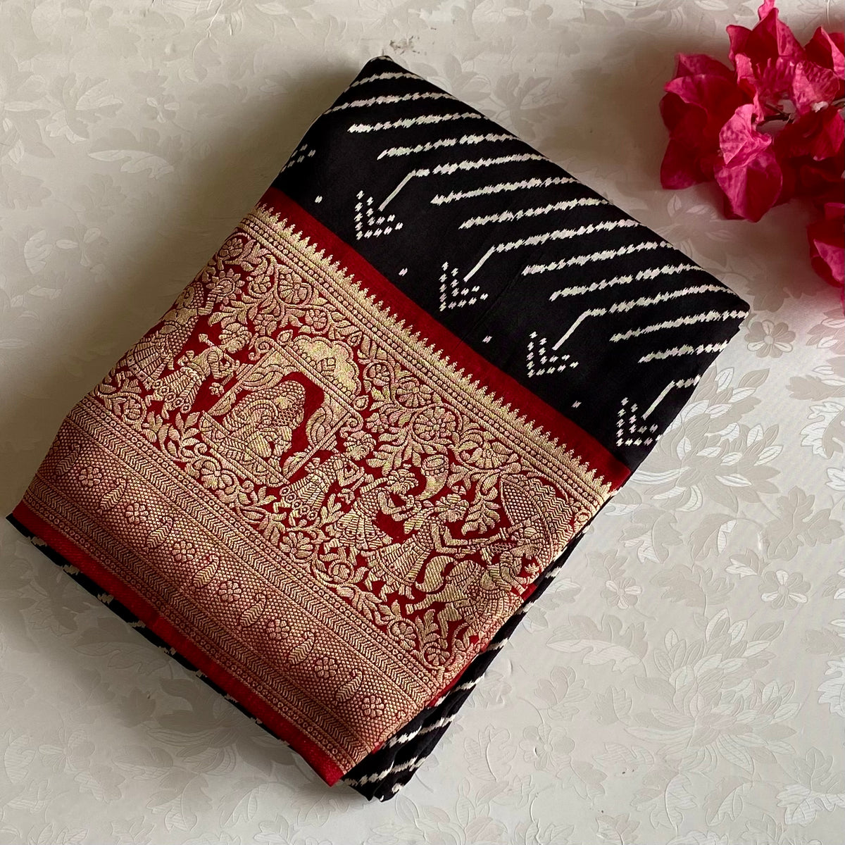 Jet Black Premium Soft Tussar Silk Saree With Deep Maroon Pallu