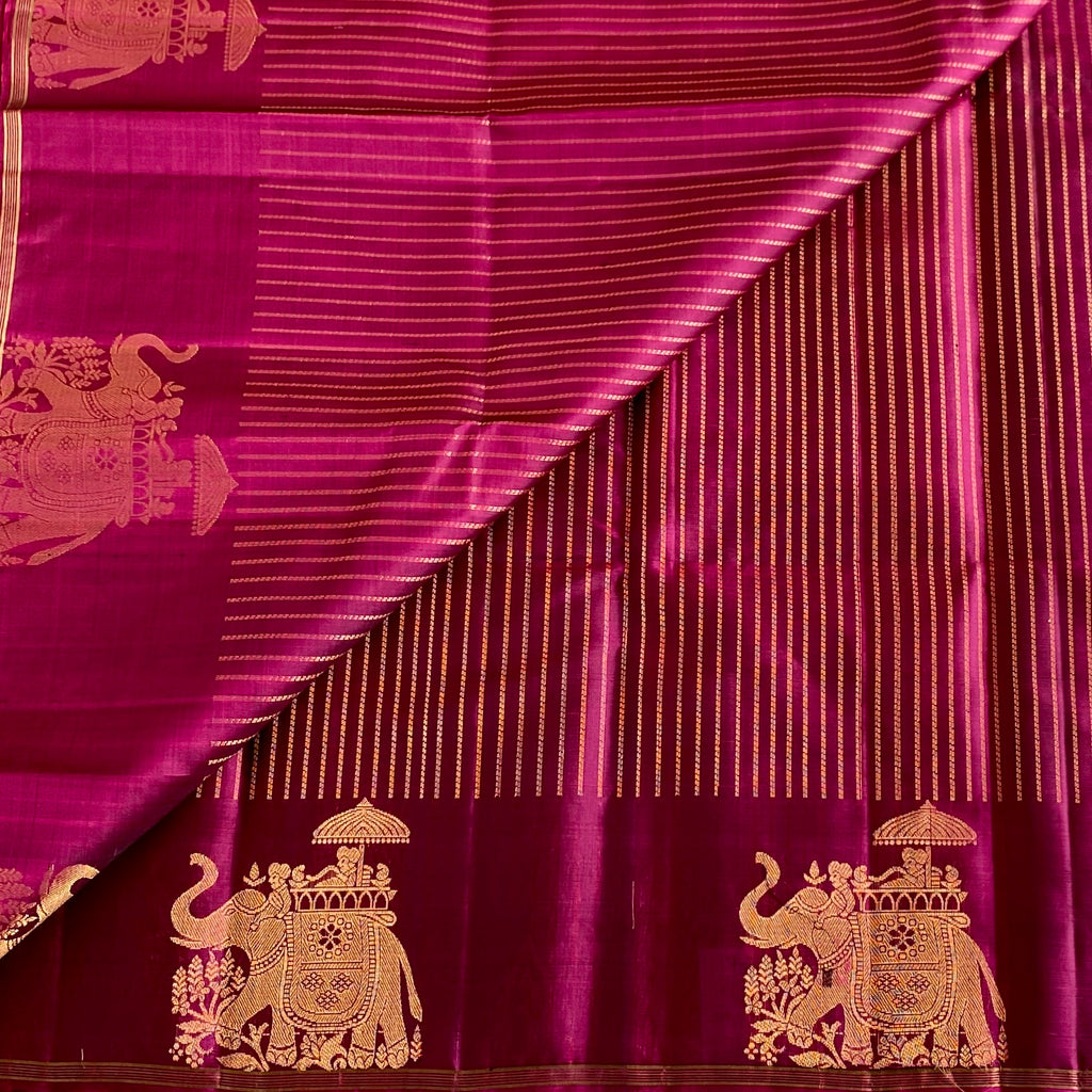 Stunner Magenta Designer Pure Silk Saree With Metallic Gold Zari Elephants